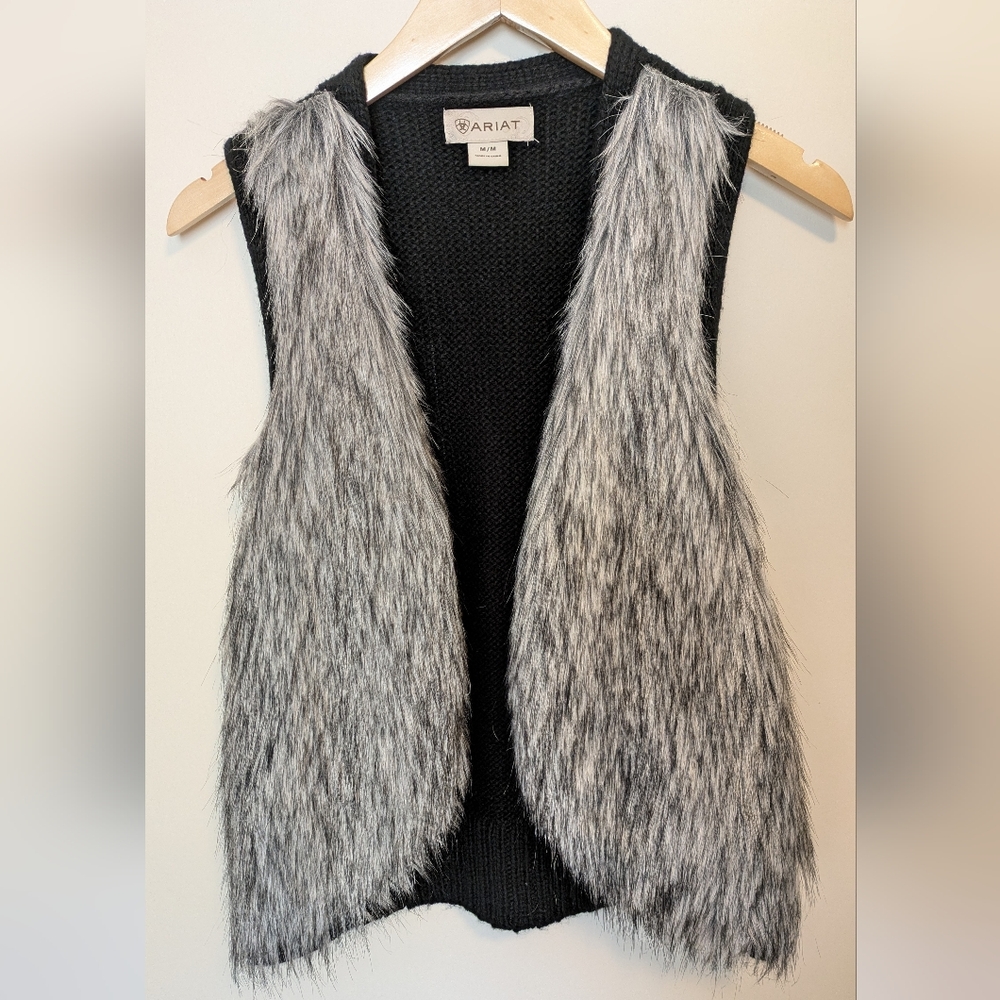 Ariat Emma Black Grey Fur Vest Cardigan Size M